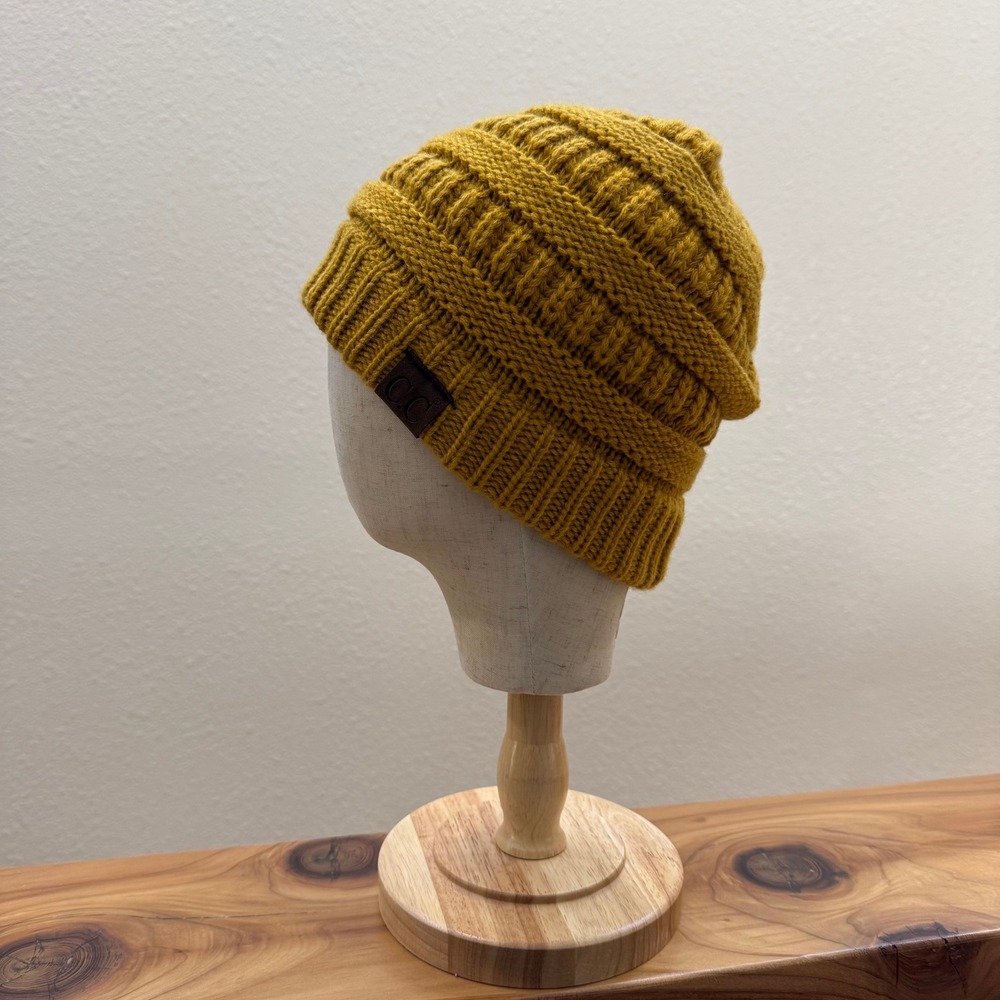 C.C Mustard Yellow Chunky Ribbed Winter Boho Streetwear Knit Cap Beanie Hat